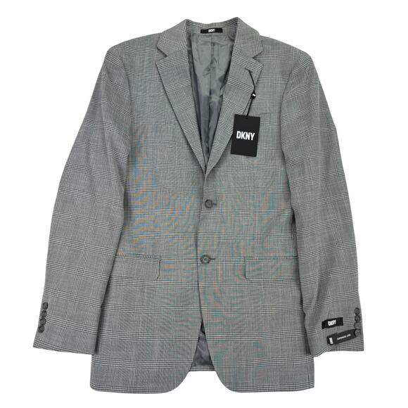 DKNY Mens Modern Fit Stretch Plaid Suit Jacket Black White 38L - Picture 1 of 5